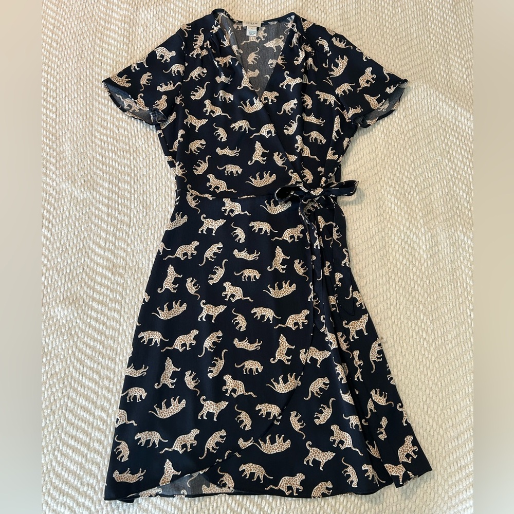 J. Crew Navy Wrap Dress with Cream Leopard Print